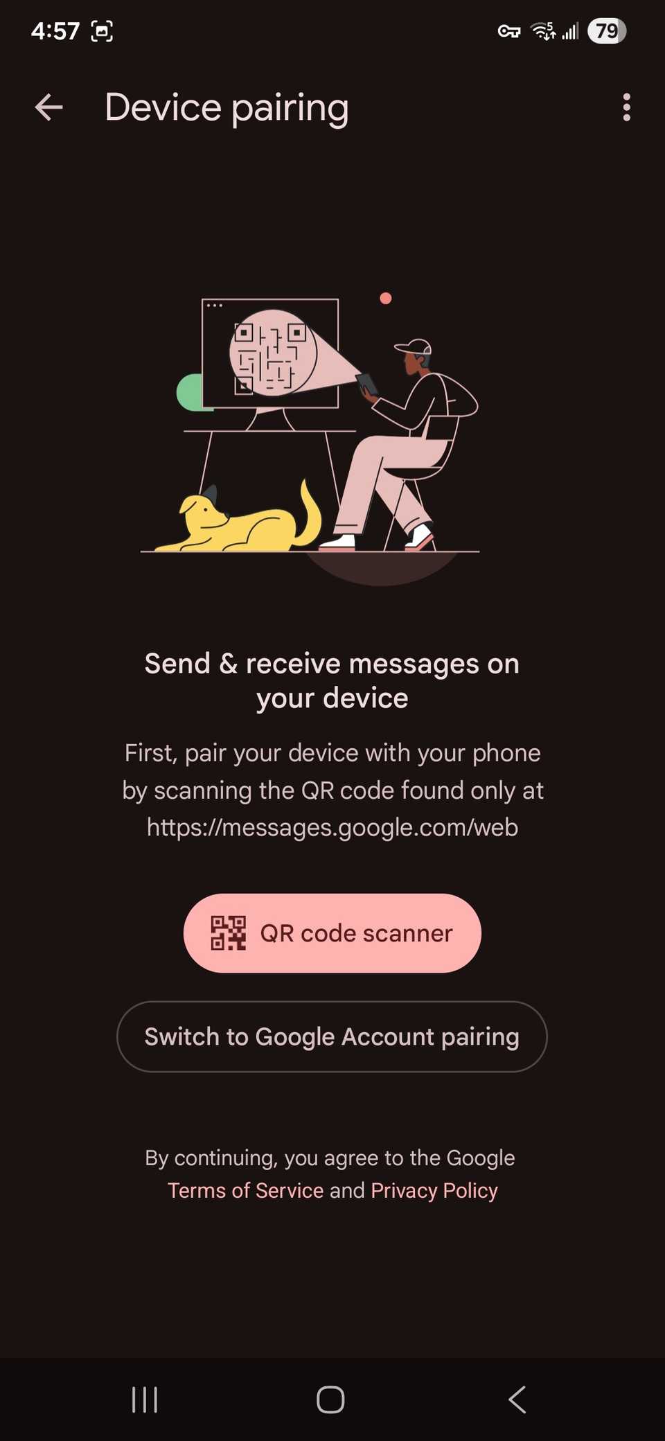 QR code scanner option for device pairing while in the Google Messages app and Switch to Google Account pairing
