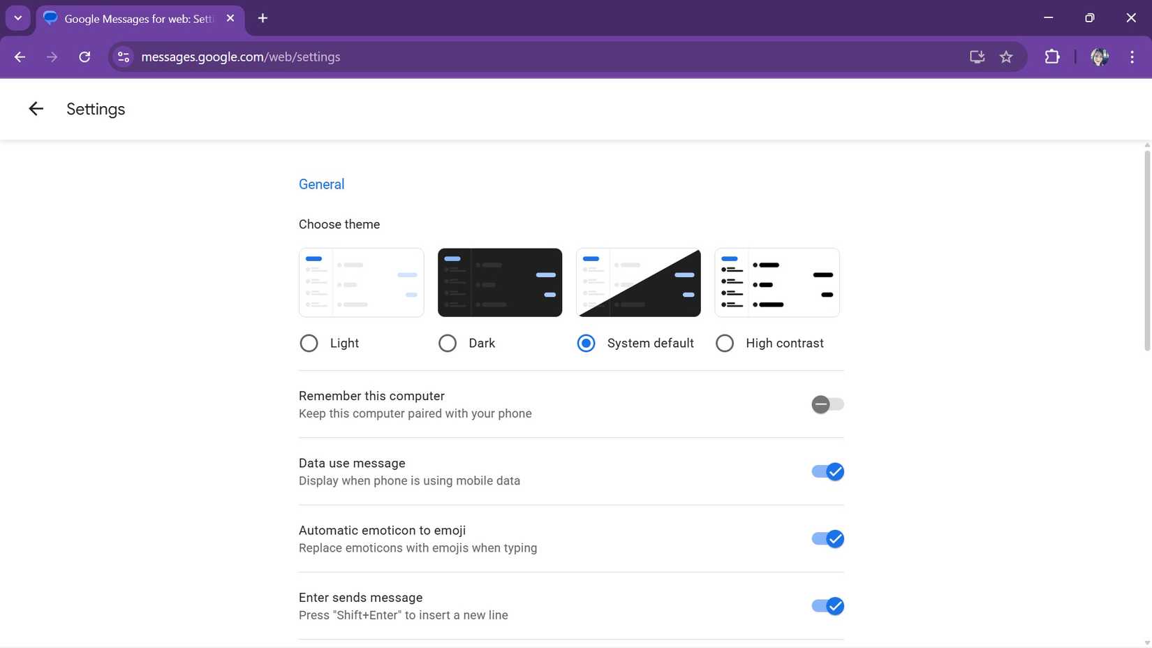 A list of settings including theme options to select with radio buttons in Google Messages web