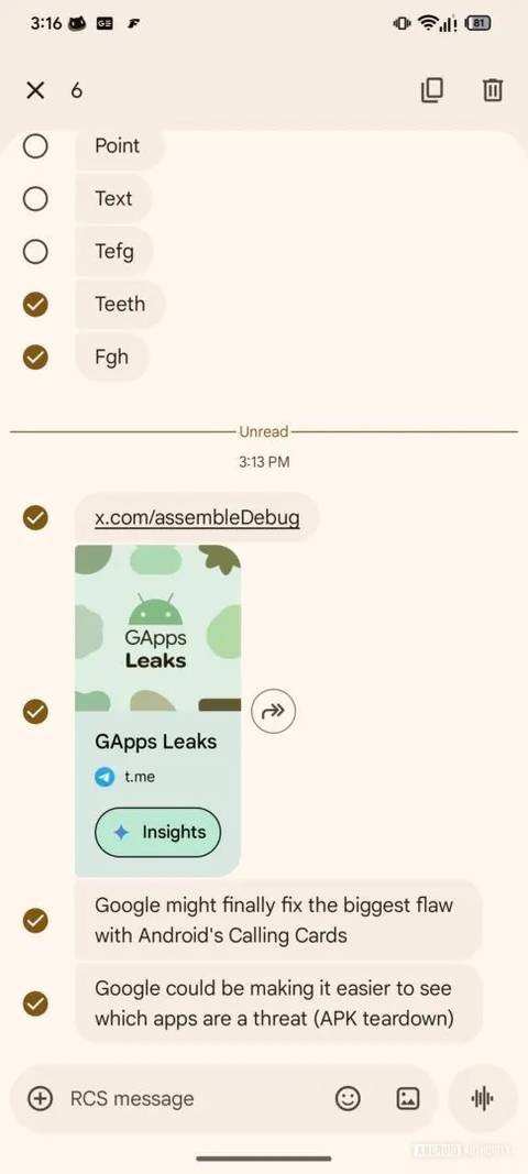 Uma captura de tela mostrando a próxima interface de seleção múltipla do aplicativo Mensagens do Google