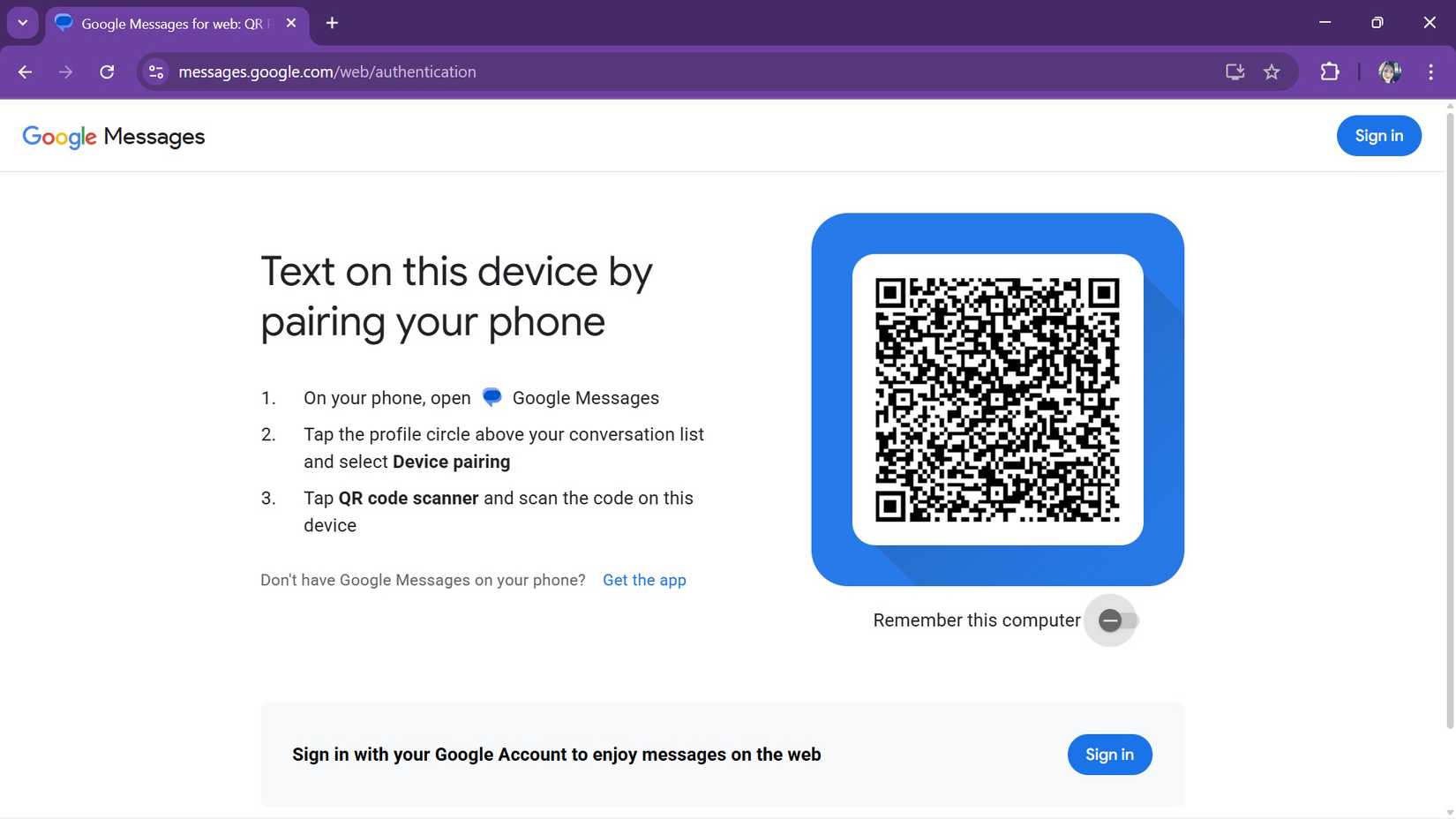 Sign in with Google Account authenticate screen for Google Messages web showing instructions and a QR code to scan, includes a toggle for Remember this computer