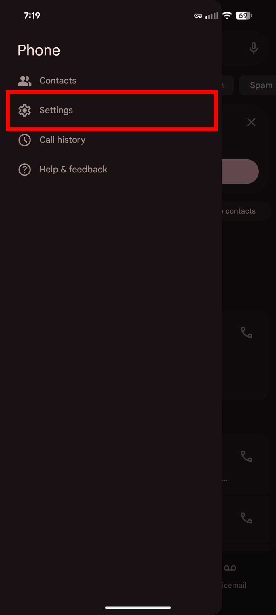 Red rectangle outline highlighting Settings in the Google Phone app