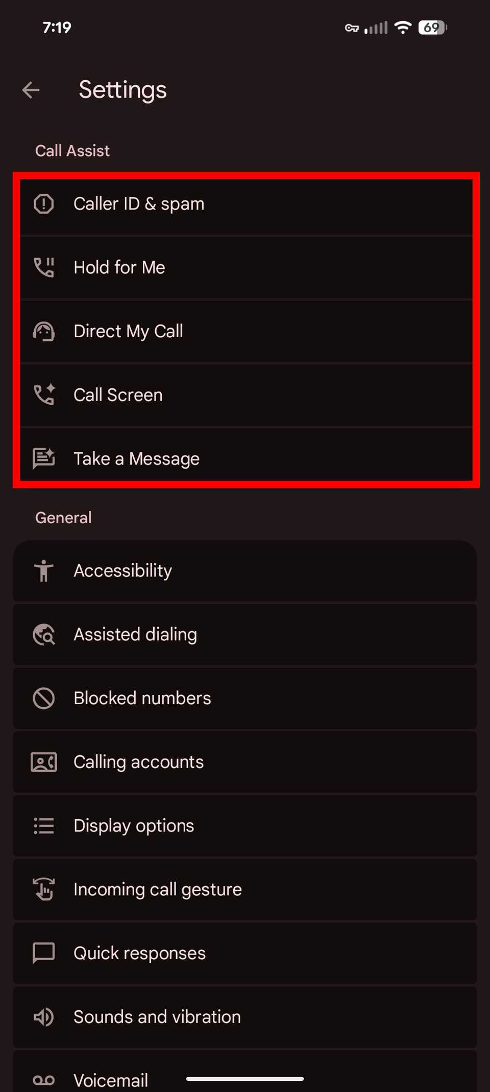 Red rectangle outline highlighting the Call Assist options in Google Phone settings