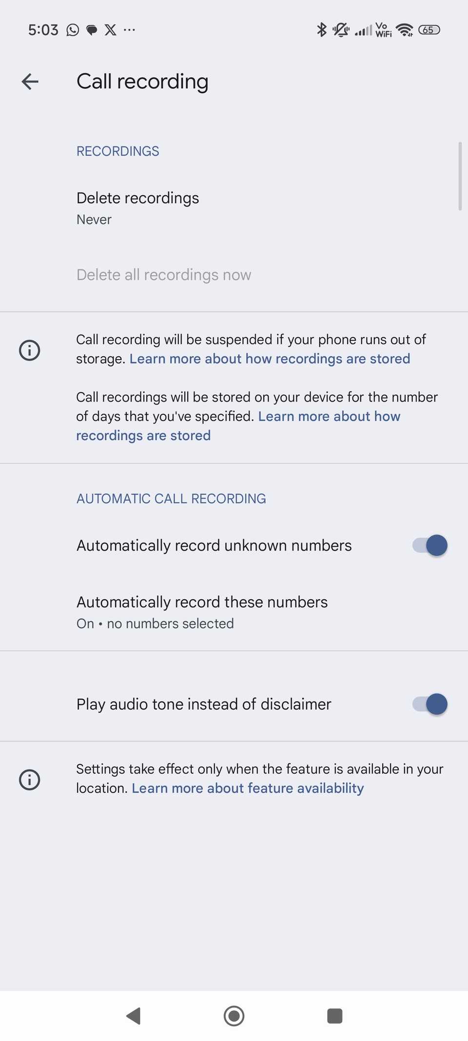 Call recording option in Google Phone app