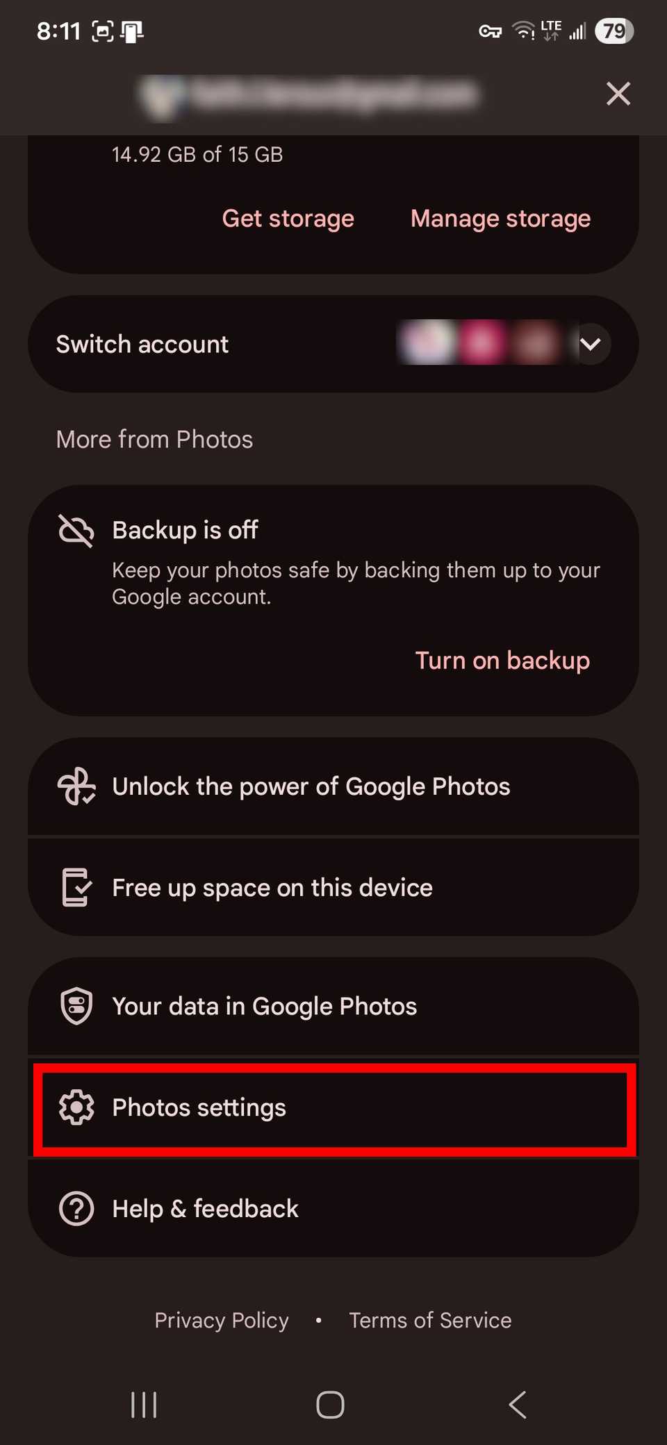 Red rectangle outline highlighting Photos settings in the Google Photos app