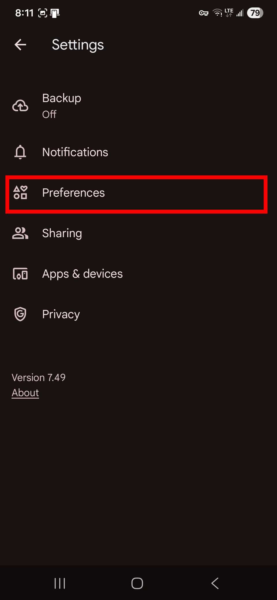 Red rectangle outline highlighting Preferences in the Google Photos app