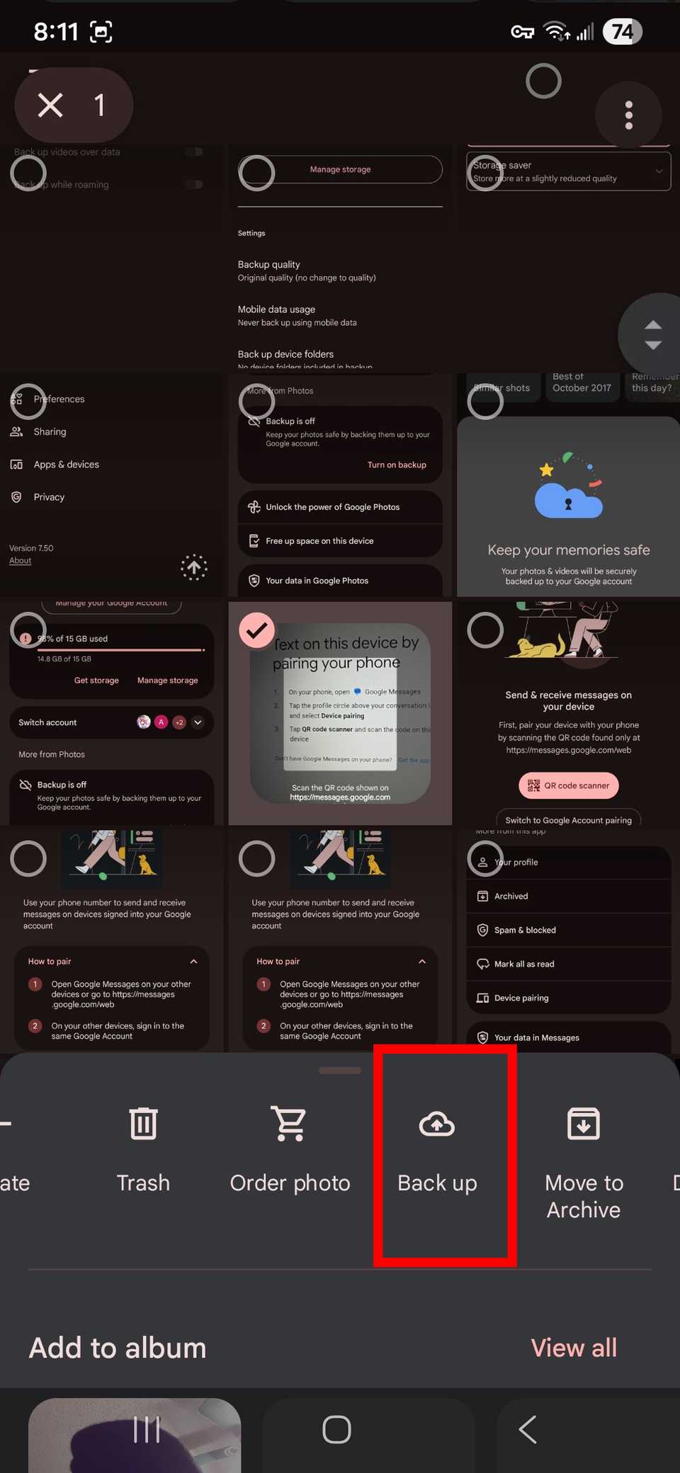 تمييز مخطط المستطيل الأحمر بعمل نسخة احتياطية من الصورة المحددة في تطبيق صور Google