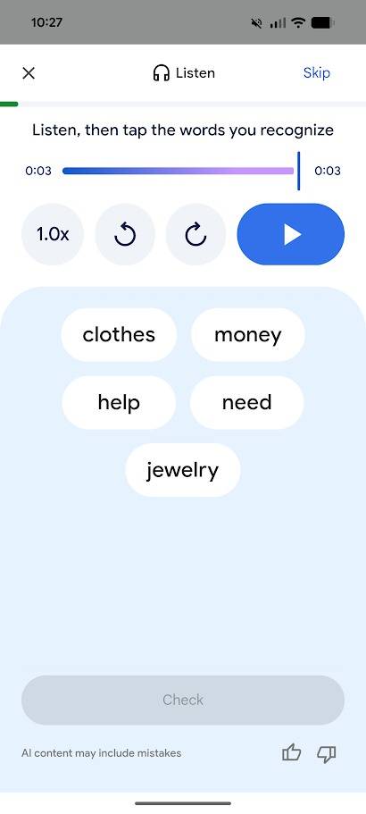 Vocabulário imediato no modo Prática de Tradução do Google