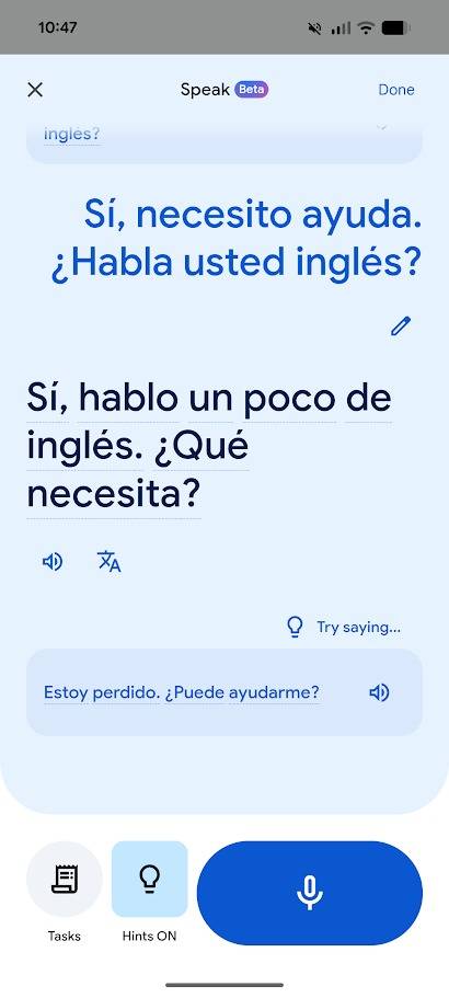 Conversa no modo Prática de Tradução do Google