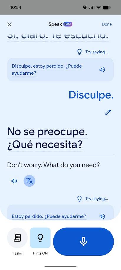 Conversa no modo Prática de Tradução do Google