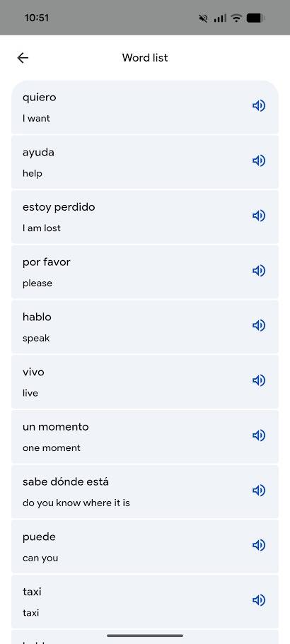 Lista de traduções do Google em palavras no modo prático
