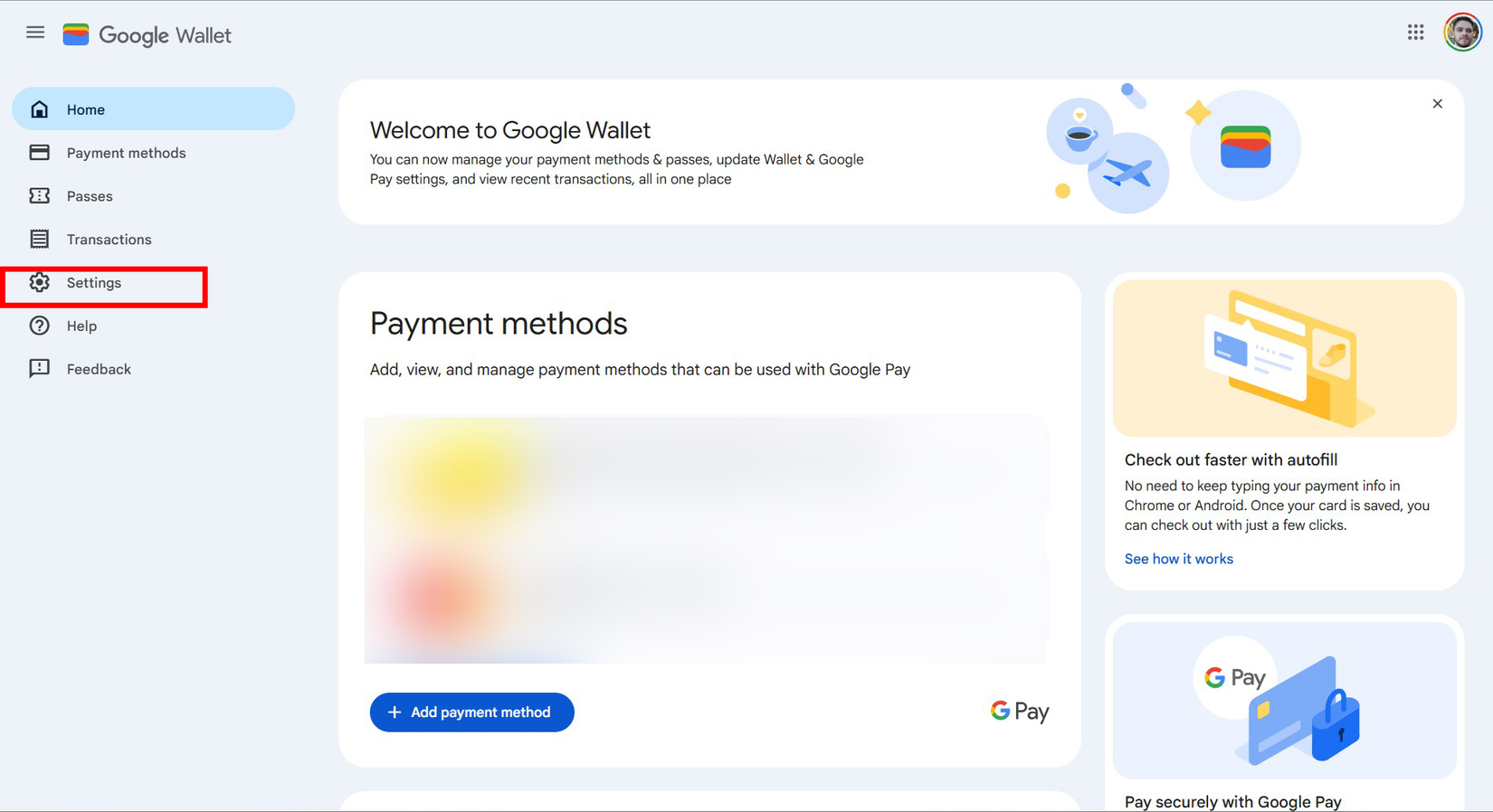 Tela inicial da Carteira virtual do Google com a opção Configurações destacada na barra lateral