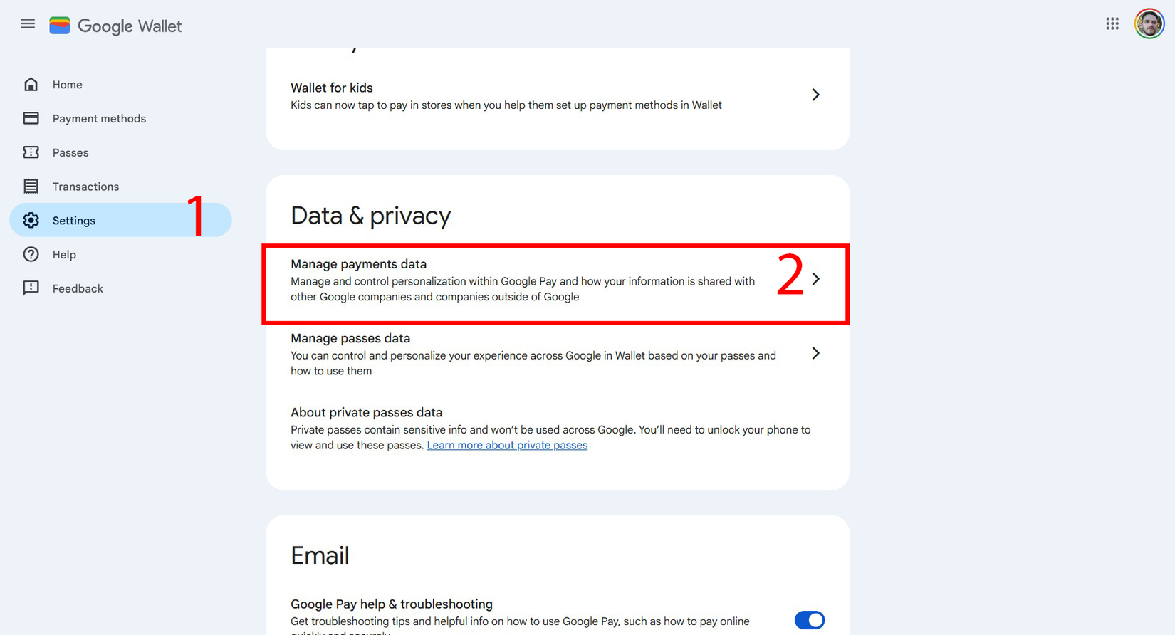 Página de dados e privacidade da Carteira virtual do Google mostrando a opção Gerenciar dados de pagamentos destacada