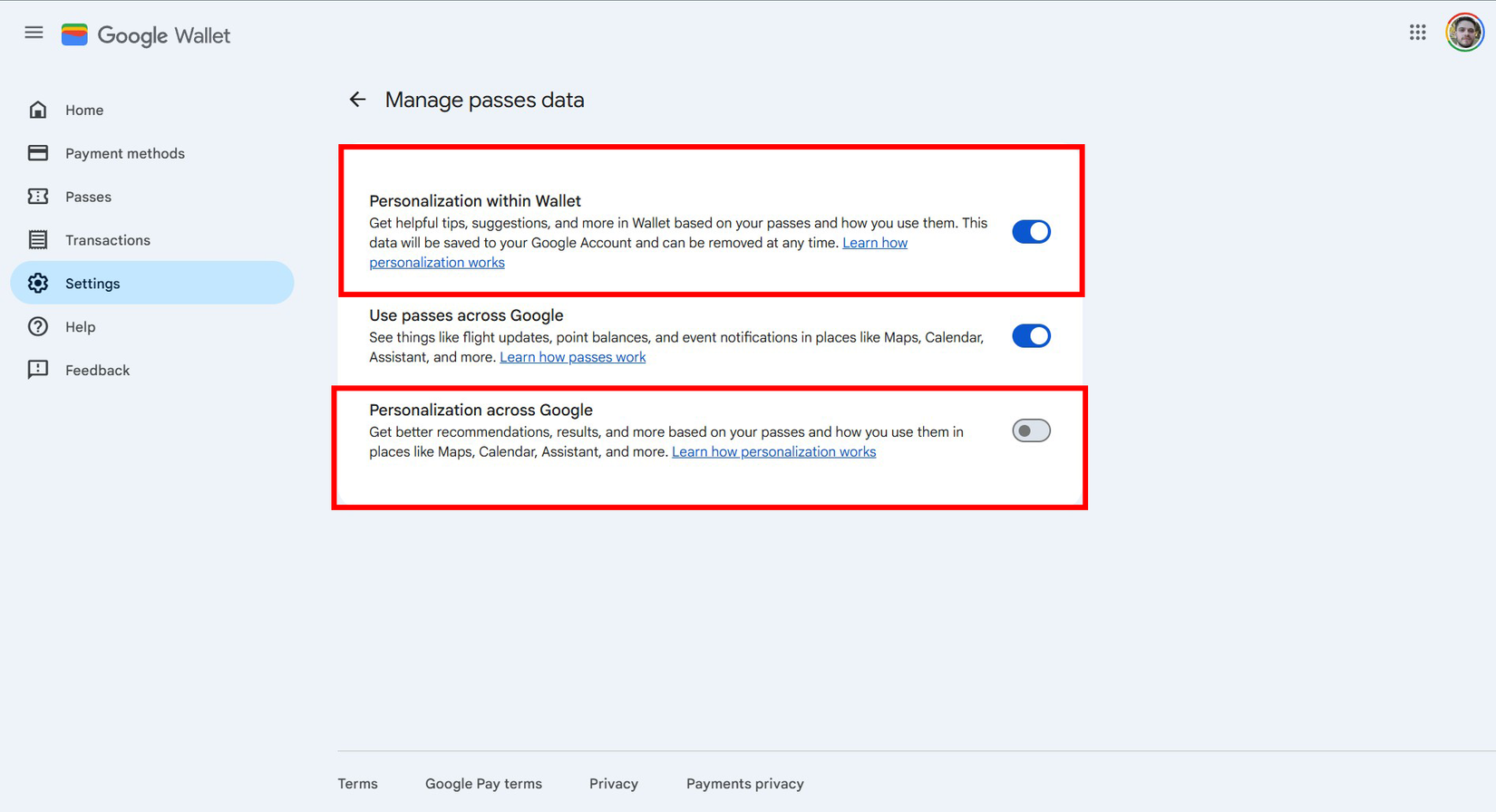Tela de dados de passes do Google Wallet Manage mostrando opções de personalização na Wallet e no Google.