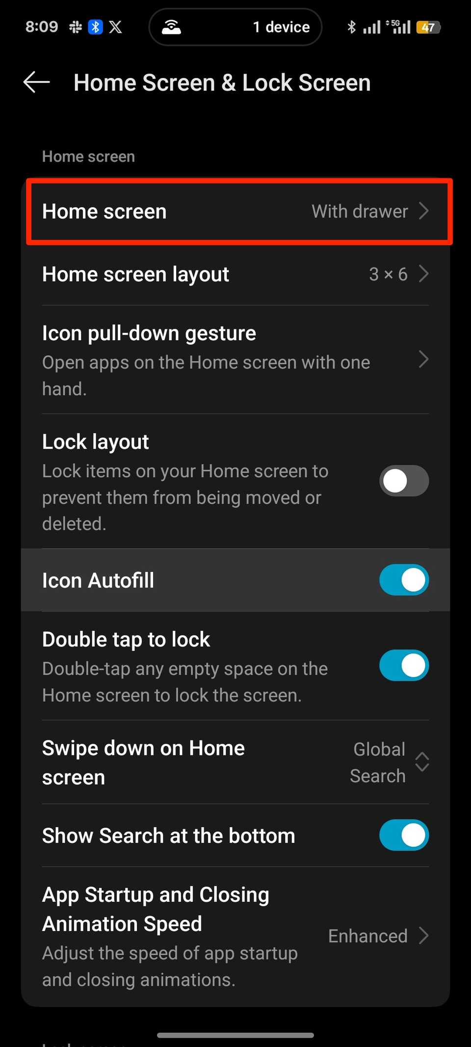 مستطيل أحمر يسلط الضوء على خيار الشاشة الرئيسية في إعدادات Android