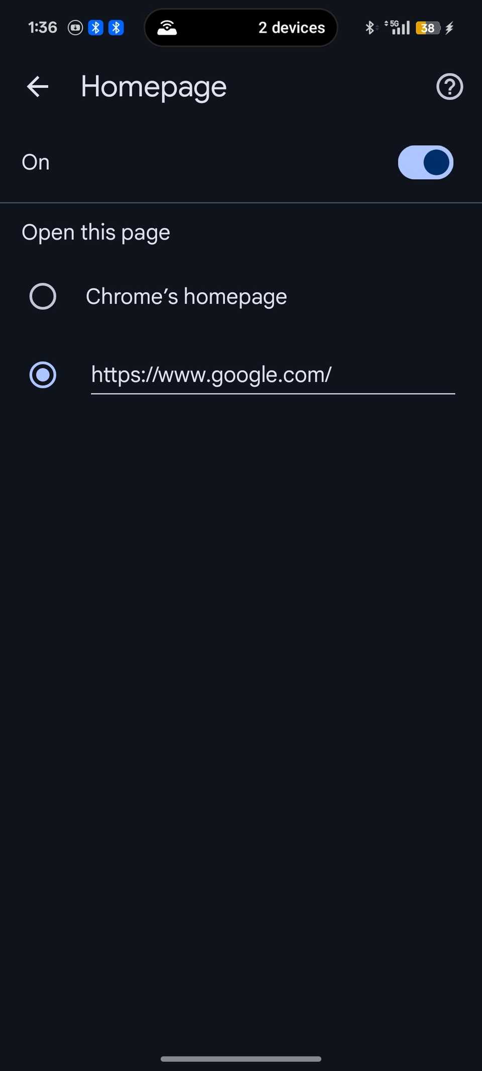 Homepage menu on Chrome for Android showing google set as custom homepage
