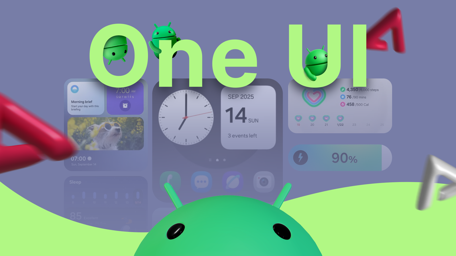 Illustration featuring the text 'One UI' with small Android mascots around it, a large Android head at the bottom, and smartphone widgets in the background.