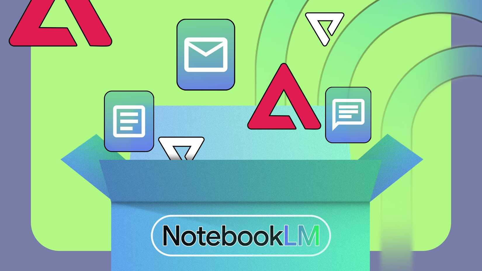 رسم توضيحي لمربع أزرق يحمل اسم NotebookLM مع أيقونات تمثل رسائل البريد الإلكتروني والملاحظات والمحادثات العائمة