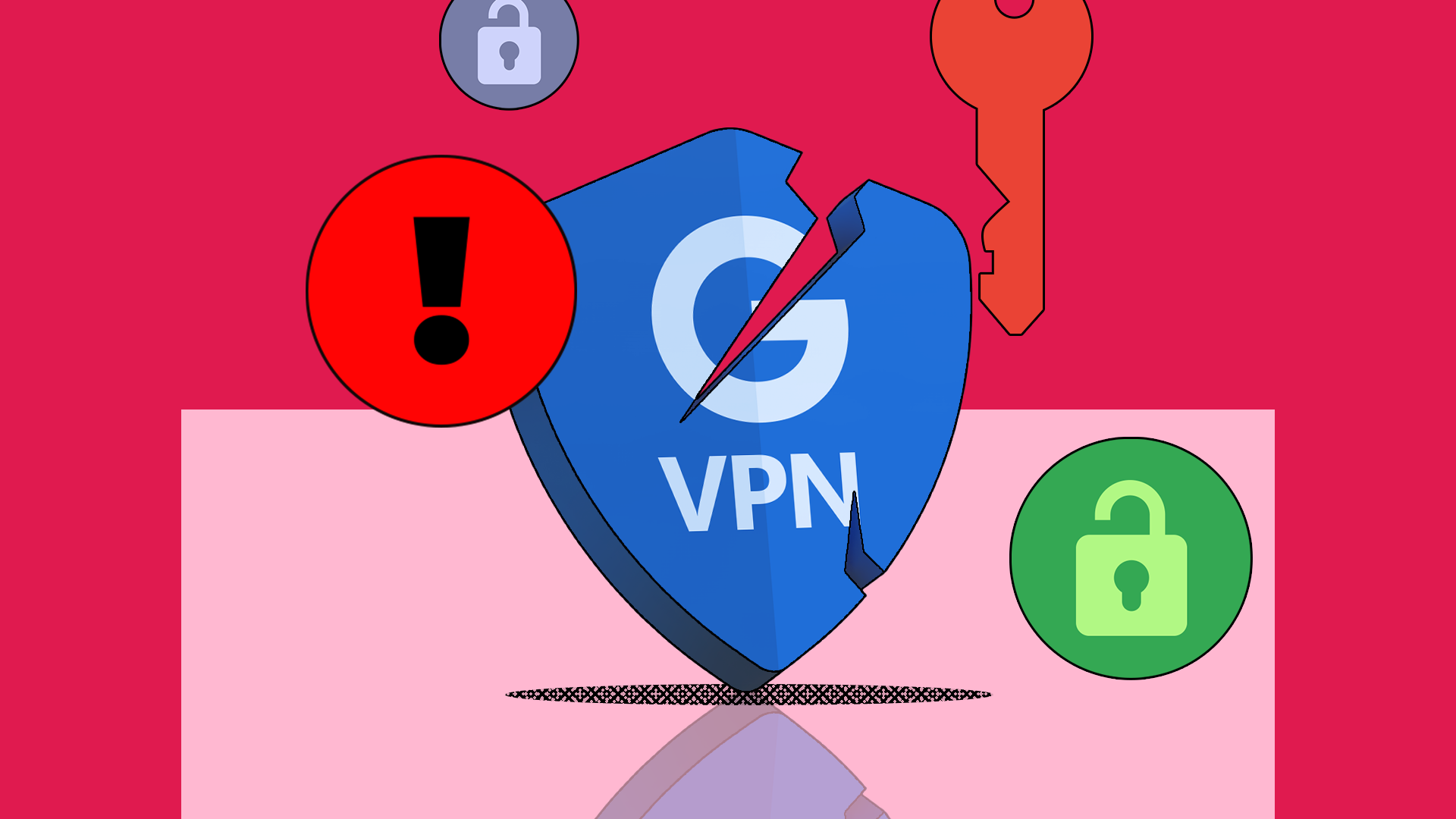 Зображення зламаного щита Google VPN в оточенні значків попереджувальних знаків, замків і ключів.