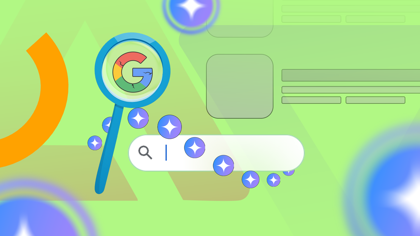 Illustration of a Google search bar with a magnifying glass containing a cracked Google logo, surrounded by glowing Gemini sparkles.