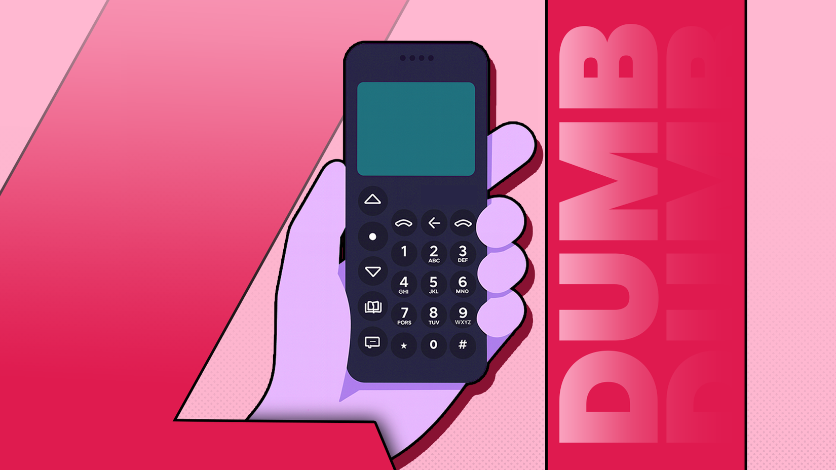 Ilustração de uma mão segurando um telefone básico em um fundo rosa e vermelho com a palavra 'DUMB' exibida ao lado.