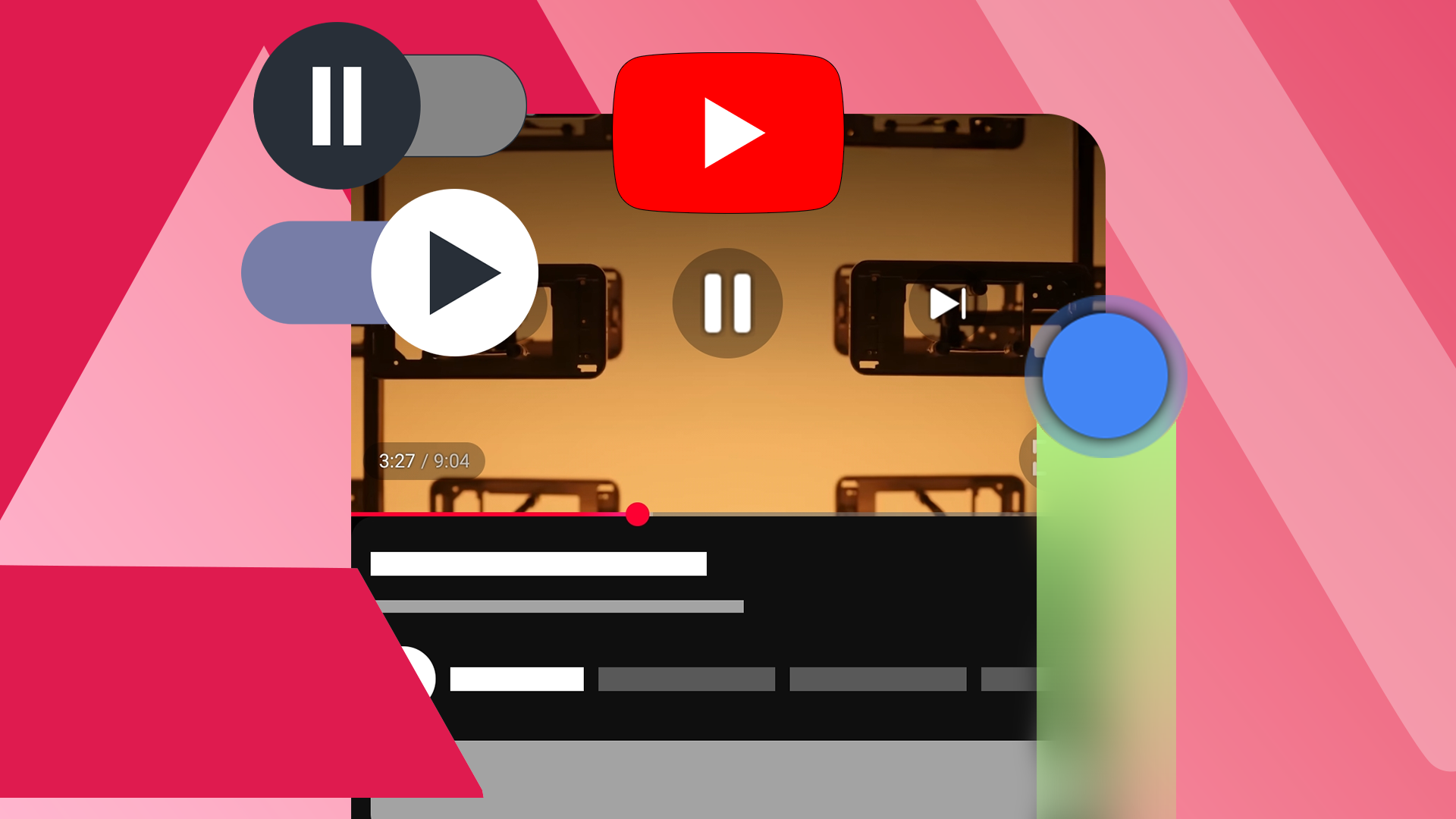 Illustration of a YouTube video player with two autoplay icons on the left and a gesture swipe motion on the right.