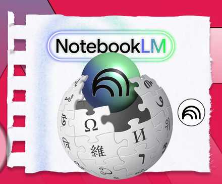 Illustration of NotebookLM logo above a stylized Wikipedia globe