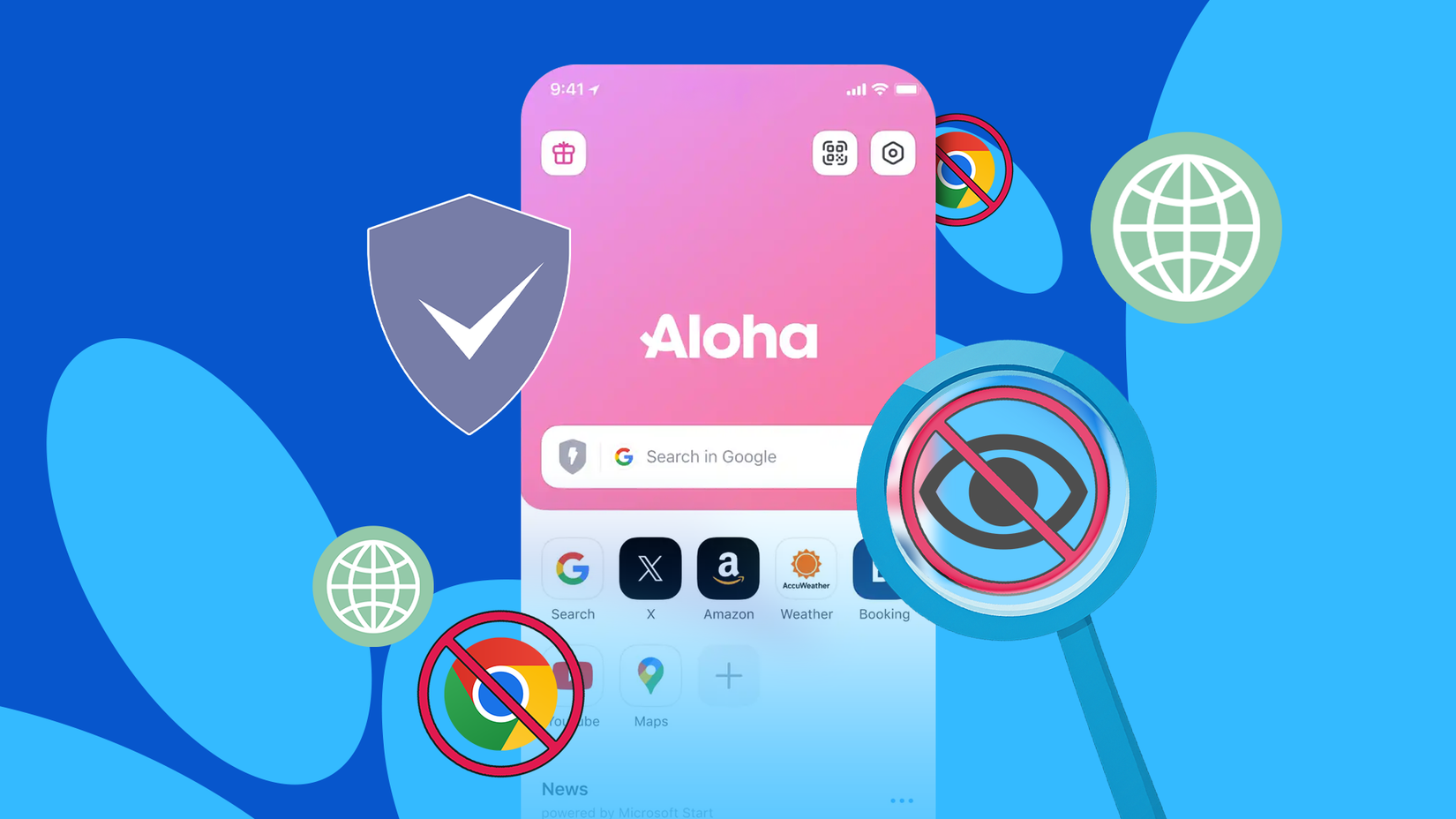Illustration of the Aloha Browser app on a smartphone screen surrounded by privacy icons, shields, and blocked tracking symbols