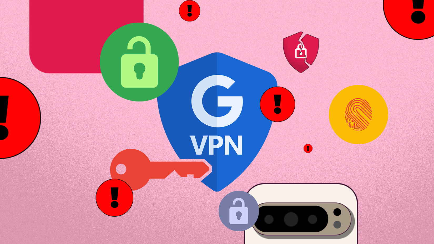 Illustration of the Google VPN shield surrounded by warning icons, broken locks, and security symbols.