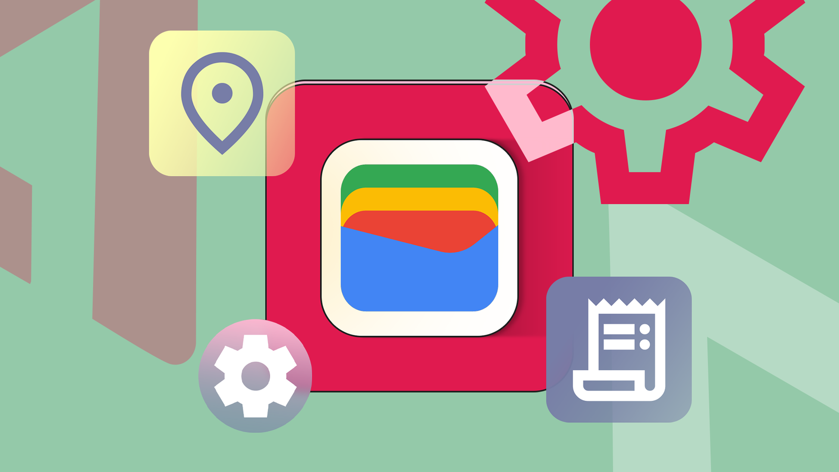 رسم توضيحي لشعار محفظة Google محاط بأيقونات للموقع والإعدادات وسجل المعاملات.