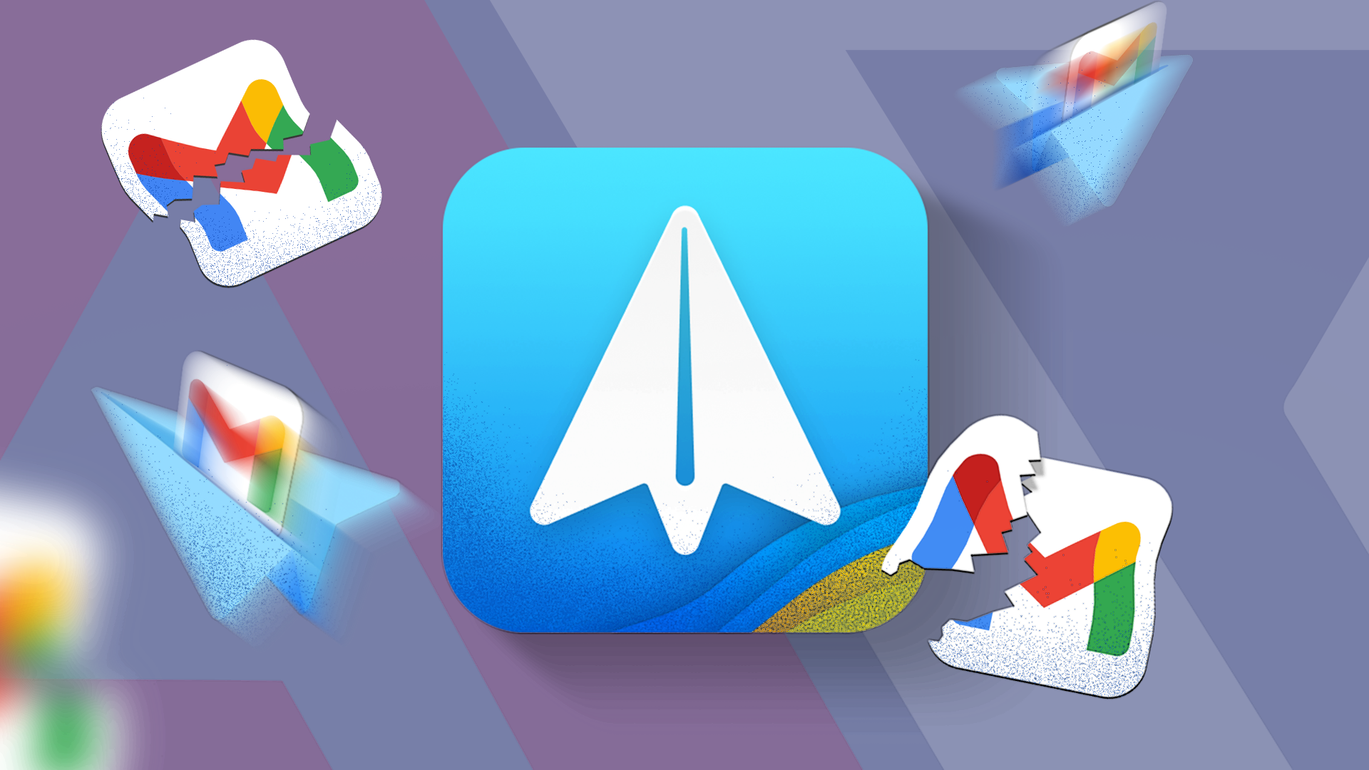 Illustration of the Spark Mail logo centered, surrounded by broken Gmail icons and paper planes.