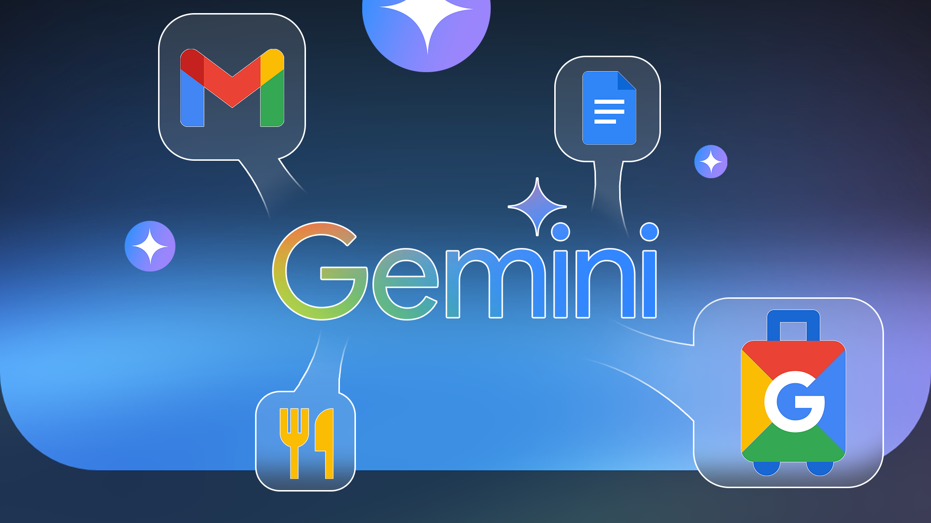 Illustration showing the Gemini logo at the center, surrounded by Gmail, Docs, restaurant, and Google travel icons.
