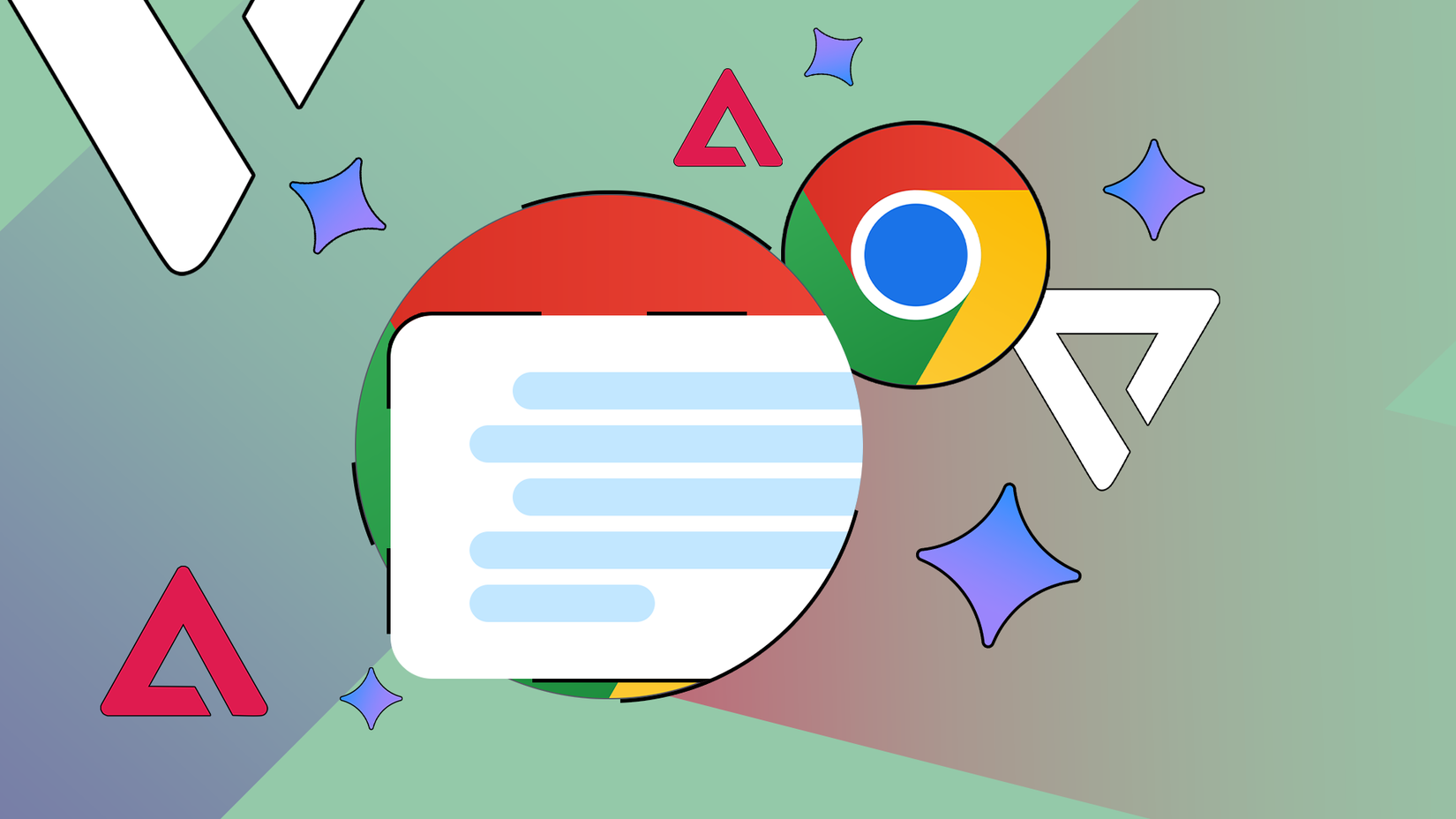 Ilustração mostrando o logotipo do Google Chrome ao lado da visualização de um artigo, cercado por ícones do Gemini.