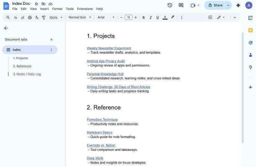 Screenshot of the Index Doc in Google Docs