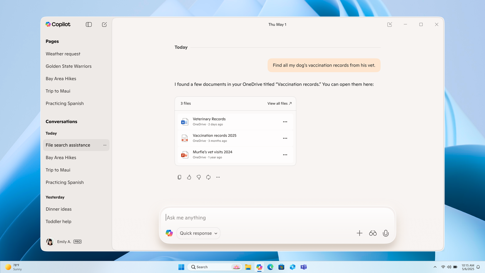 OneDrive file search in Copilot on Windows