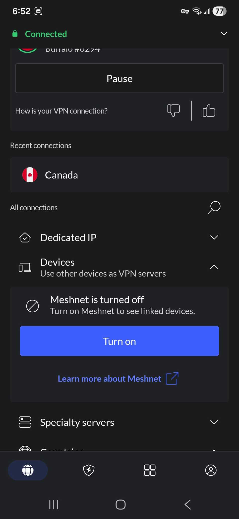 Turn on Meshnet in the NordVPN mobile app showing under All connections