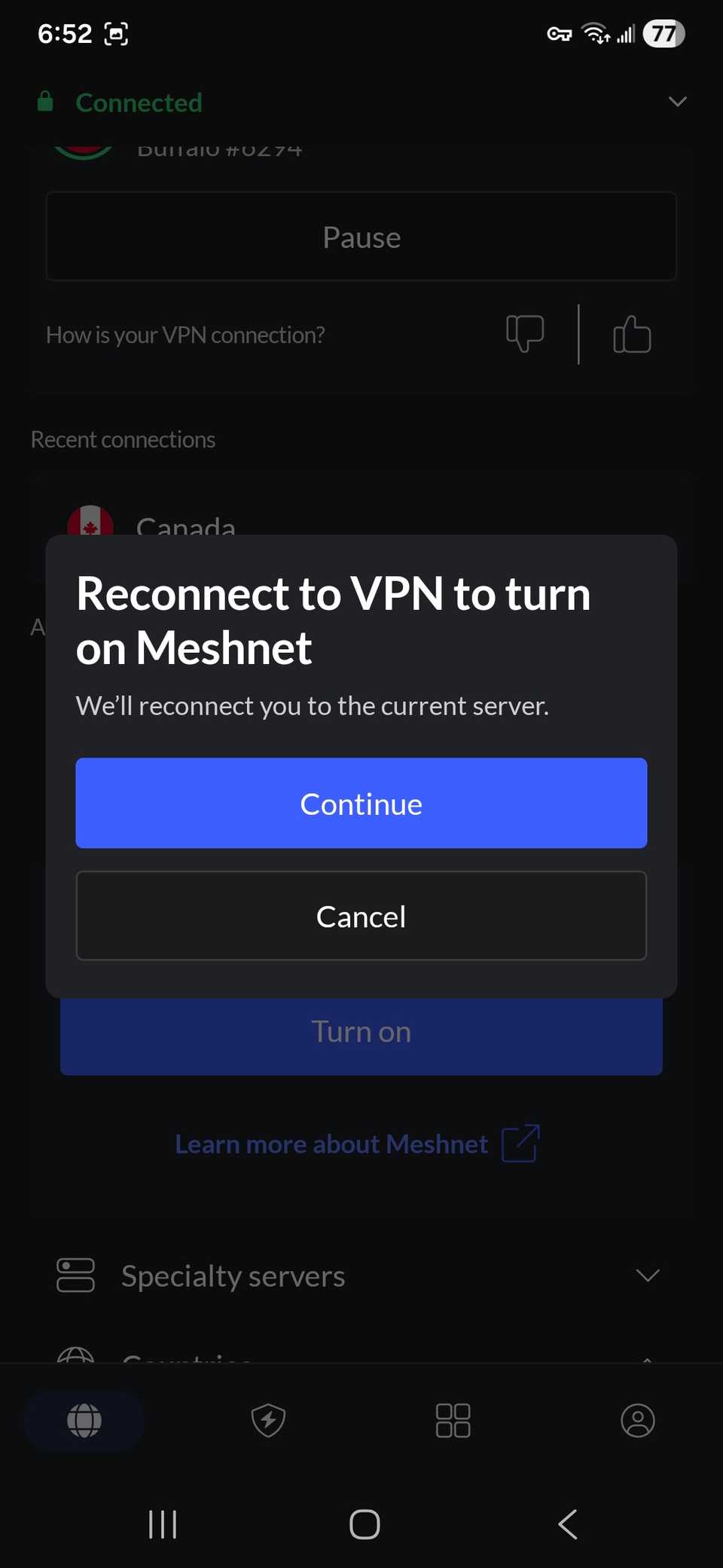 The prompt to reconnect to VPN to turn on Meshnet using the NordVPN mobile app