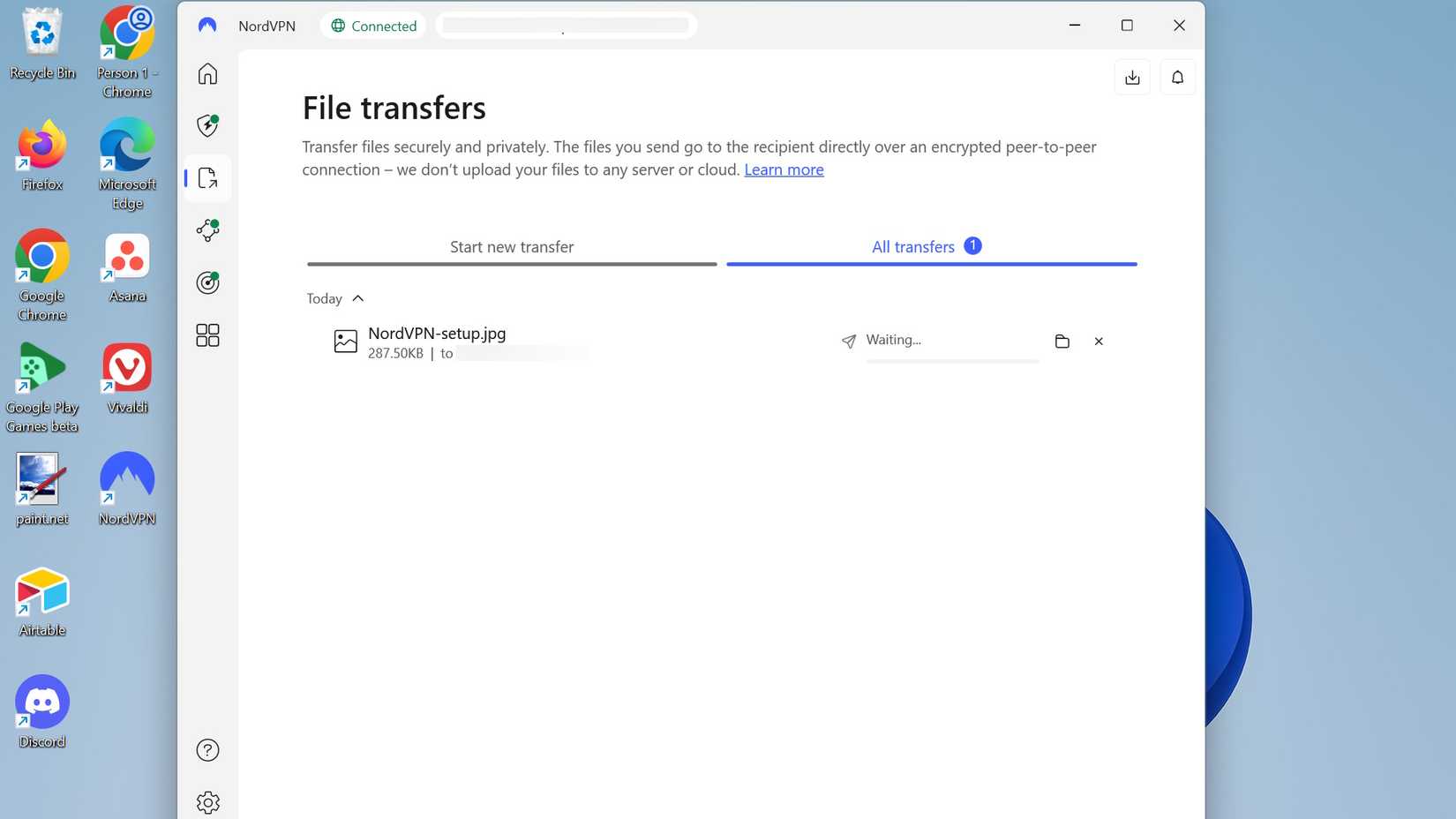 Transferir um arquivo para outro dispositivo de um computador Windows 11 usando a configuração Meshnet no NordVPN