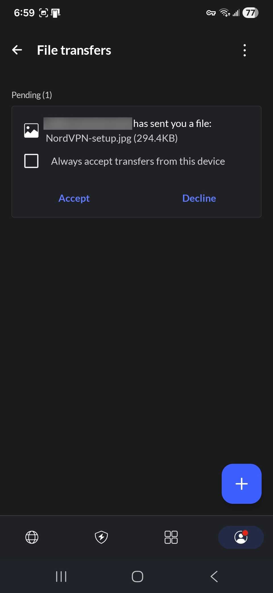 Showing a file transfer request from another device appearing on the NordVPN app on another device via Meshnet