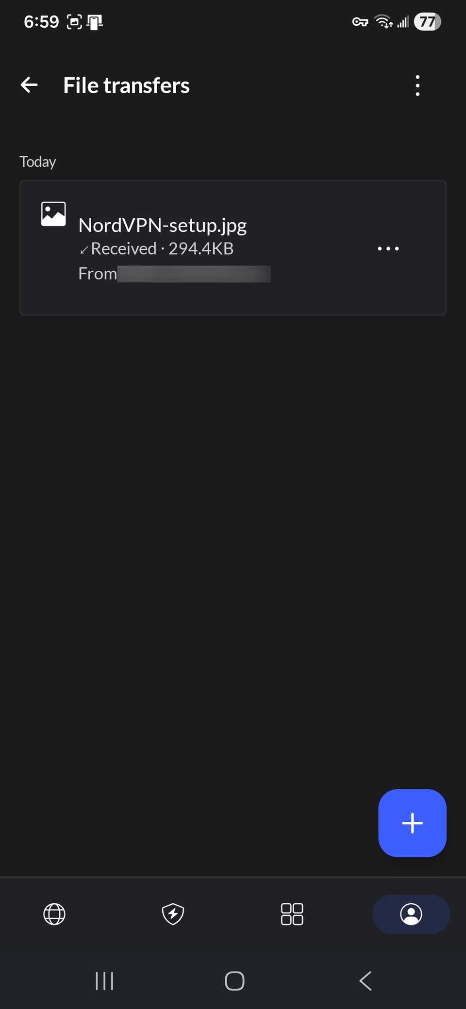 A completed file transfer using NordVPN Meshnet on another device within the NordVPN app