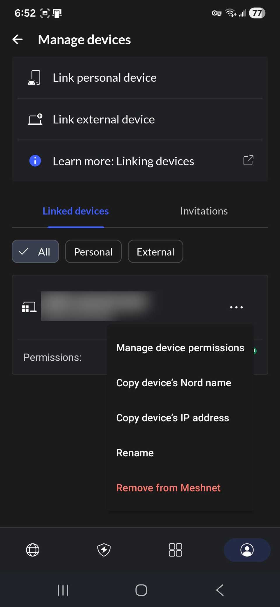 Manage devices on a Meshnet while in the NordVPN mobile app showing a list of options