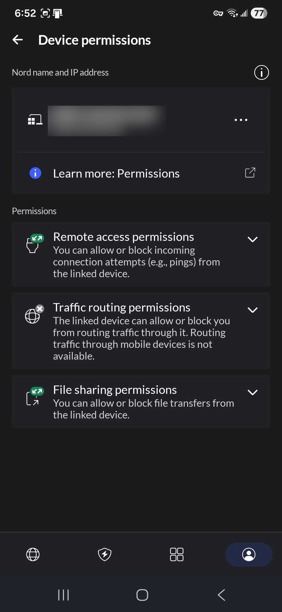 A list of permissions with expansion option under permissions heading in the NordVPN app on a device