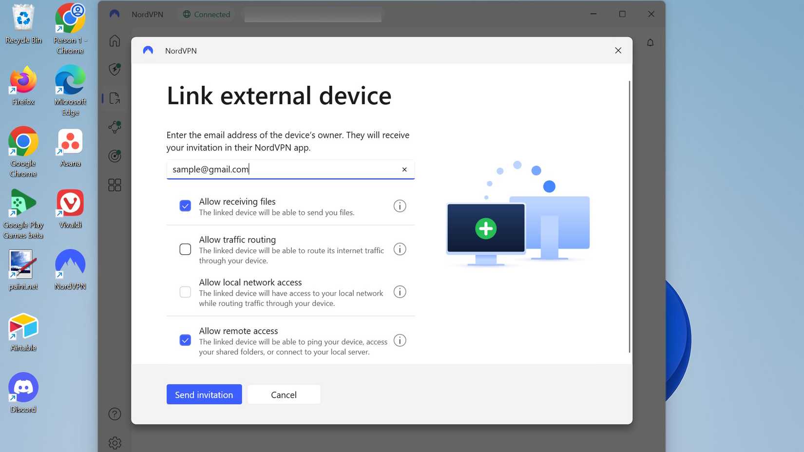 Um convite para usar o Meshnet e adicionar um dispositivo externo com um e-mail com permissões de caixa de seleção associadas ao e-mail para NordVPN Meshnet
