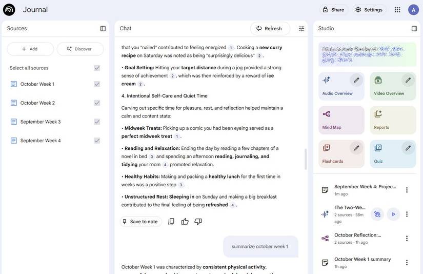 Screenshot showing a journal setup in NotebookLM