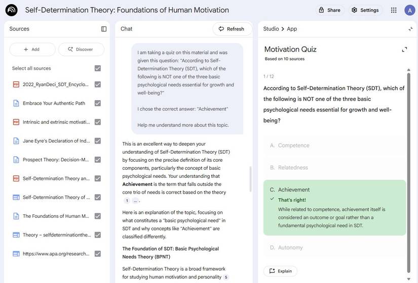 Screenshot showing a quiz in NotebookLM
