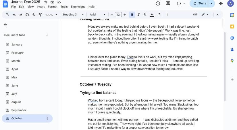 Screenshot showing the tabs structure in Google Docs