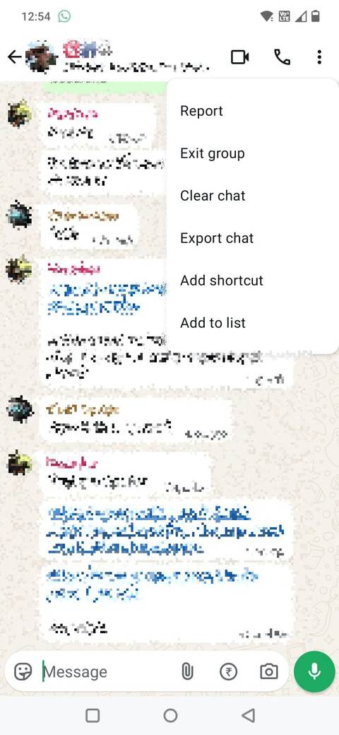 Captura de tela mostrando a opção de exportar bate-papo no WhatsApp