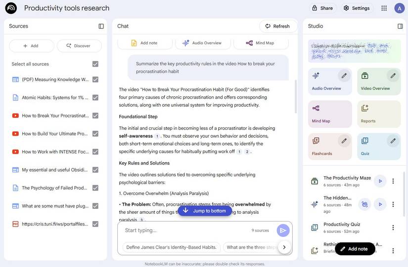 Screenshot showing the Productivity tools research notebook in NotebookLM