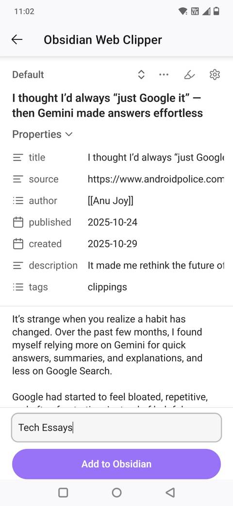 Screenshot dell'estensione Obsidian Web Clipper