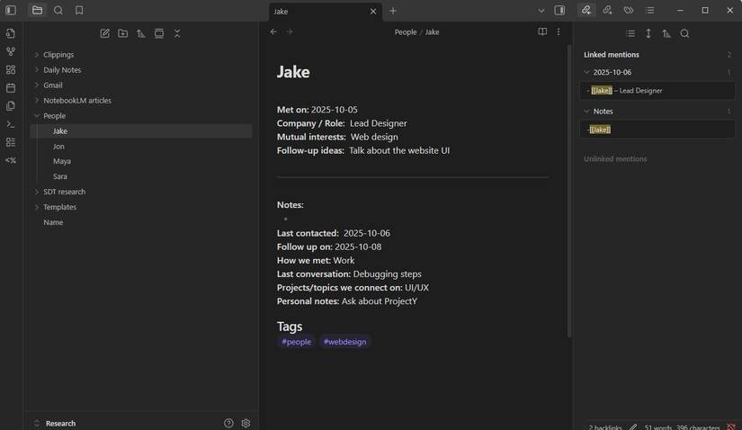 Screenshot showing how backlinks work in Obsidian