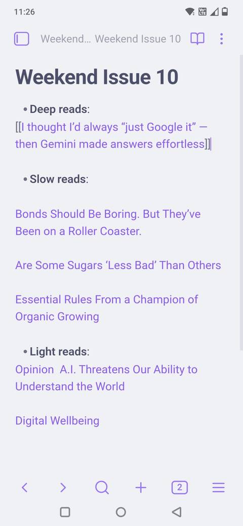 لقطة شاشة توضح محتويات عدد نهاية الأسبوع في Obsidian